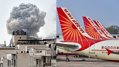 A plume of smoke rises after a strike in Tehran, Iran, Tuesday, March 2, 2026; Air India flight