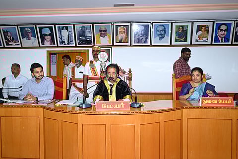Mayor Mu Anbalagan leading the corporation council meeting in Tiruchy on Tuesday(March 3 )