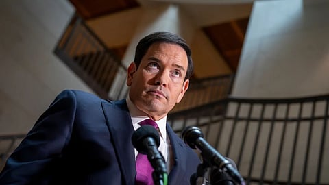 Secretary of State Marco Rubio speaks to reporters as he arrives for an intelligence briefing with top lawmakers on Iran, at the Capitol in Washington, Monday, Mar. 2, 2026
