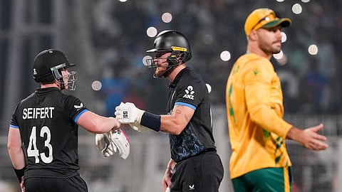 New Zealand's Tim Seifert and Finn Allen during the ICC Men's T20 World Cup 2026 first semifinal cricket match between South Africa and New Zealand, at Eden Gardens, in Kolkata, Wednesday, March 4, 2026.