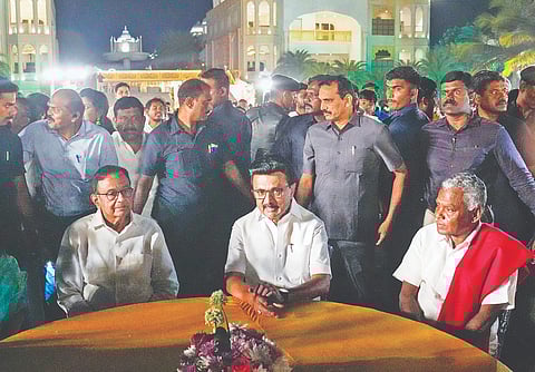 CM Stalin with P Chidambaram at the engagement ceremony of Selvaperunthagai's daughter, in Chennai, on March 2, 2026.