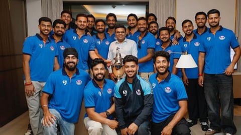 ICC chairman Jay Shah celebrates with the Ranji Trophy winners.