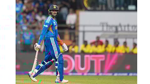 India's Abhishek Sharma plays a shot during the ICC Men's T20 World Cup 2026 second semifinal cricket match between India and England, at the Wankhede Stadium, in Mumbai, Maharashtra, Thursday, March 5, 2026