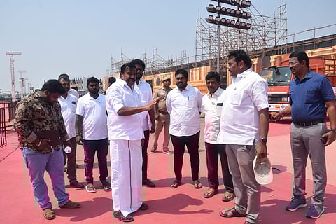 Municipal Administration Minister KN Nehru inspecting arrangements for DMK's state conference in Tiruchy on Friday