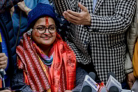Ranju Darshana, a candidate of the Rastriya Swatantra Party (RSP), speaks to the media, after she won the Kathmandu 1 constituency during the Nepal general elections, in Kathmandu, Nepal, Friday, March 6, 2026.