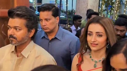 Vijay attending Kalpathi Suresh's son's wedding reception with Trisha