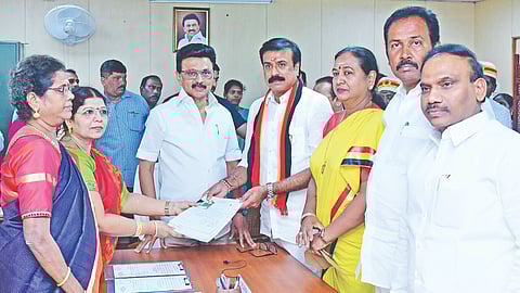 DMDK Rajya Sabha candidate LK Sudheesh filing papers in the presence of Chief Minister MK Stalin in Chennai on Thursday