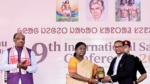 President Droupadi Murmu felicitates during the 9th International Santal Conference, in Darjeeling, West Bengal