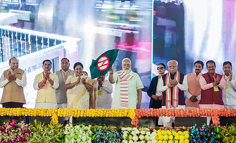 Prime Minister Narendra Modi with Union Minister of Housing and Urban Affairs Manohar Lal and Delhi CM Rekha Gupta during the inauguration and foundation stone laying ceremony of multiple development projects, New Delhi.
