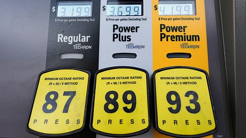 Fuel prices are shown on a gas pump at a filling station in Richardson, Texas