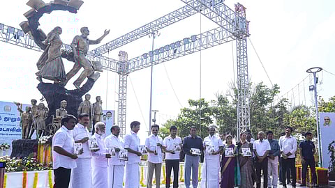 Chief Minister MK Stalin after unveiling the “Kattranai Thoorum Arivu” statue erected by the School Education Department at Kamarajar Road in Chennai on Tuesday