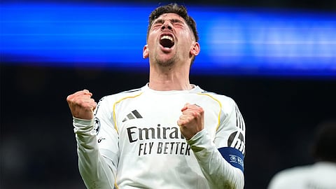 Real Madrid's Federico Valverde celebrates after scoring during a first leg round of 16 Champions League soccer match between Real Madrid and Manchester City in Madrid, Spain, Wednesday, March 11, 2026