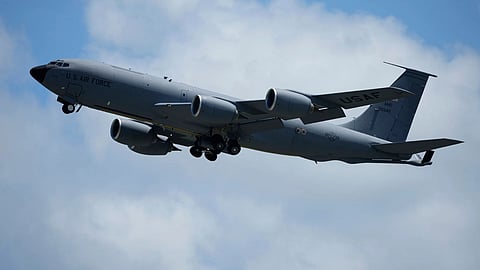 A U.S. Air Force KC-135 Stratotanker refueling tanker aircraft takes off from the Kadena Air Base airfield in Kadena town, west of Okinawa, southern Japan, Wednesday, Aug. 30, 2023