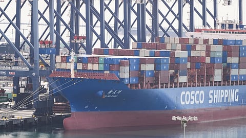 A ship is docked at the Port of Long Beach Friday, Feb. 20, 2026, in Long Beach, Calif
