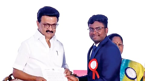 Cheif Minister MK Stalin gives away award to M Subramania Bharathi during a programme organised in Chennai.