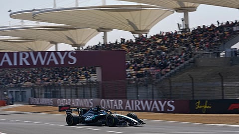 Mercedes driver George Russell of Britain steers his car during the first practice session ahead of the Chinese Formula One Grand Prix, in Shanghai, China
