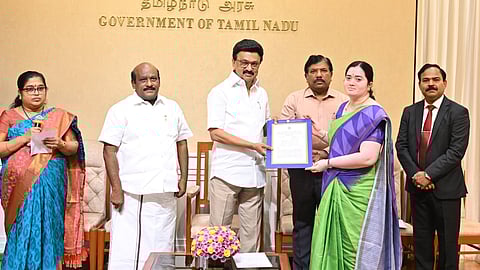Chief Minister MK Stalin handing over an appointment order to a newly recruited assistant professor at an event in the Secretariat on Saturday
