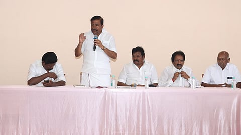 Municipal Administration Minister KN Nehru addressing DMK cadre at a preparatory meeting for anti-Centre LPG protest in Tiruchy on Saturday