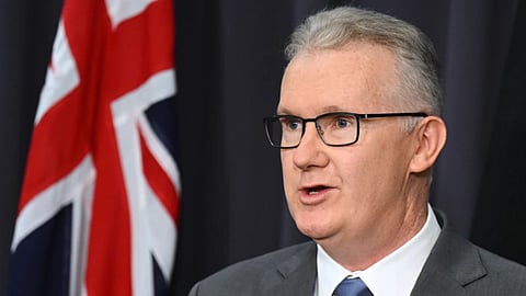 Australian Home Affairs Minister Tony Burke speaks to the media during a press conference at Parliament House in Canberra, Australia.