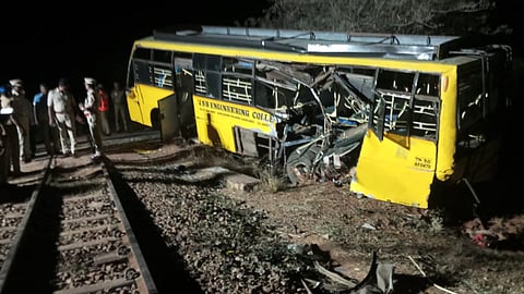 The goods wagan rams into a private engineering college bus at Velliyanai near Karur on Saturday