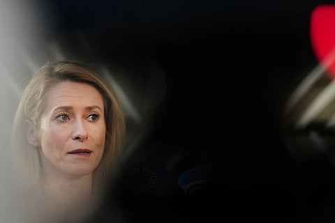 European Union foreign policy chief Kaja Kallas speaks with the media as she arrives for a meeting of EU foreign ministers at the European Council building in Brussels