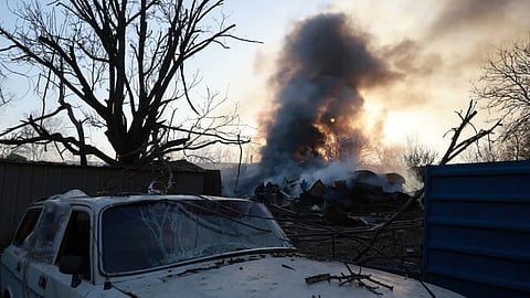 A private house burns following Russian aerial guided bomb strike in Zaporizhzhia, Ukraine