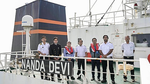 Crew members and others aboard the Indian-flagged LPG carrier Nanda Devi, carrying 46,500 MT LPG for ship-to-ship transfer, arrives at Vadinar, Gujarat