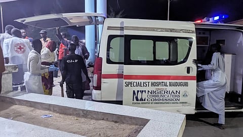 An ambulance is seen at the hospital following a bomb blast in Maiduguri, Nigeria