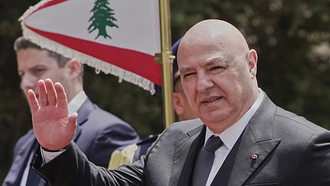 Lebanese President Joseph Aoun gestures to journalists at the Presidential Palace, in Baabda, east of Beirut, Lebanon