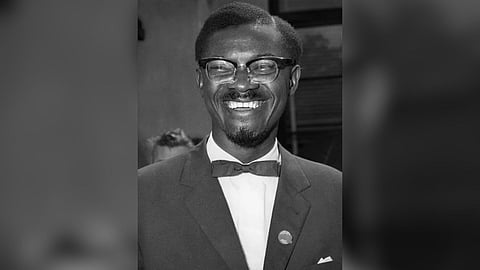 Portrait of independence leader of the Democratic Republic of Congo Patrice Lumumba during a press conference in Leopoldville (today Kinshasa), Congo