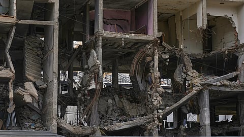 A view of a building damaged in an Israeli airstrike, in Dahiyeh, Beirut's southern suburbs, Beirut's southern suburbs, Lebanon