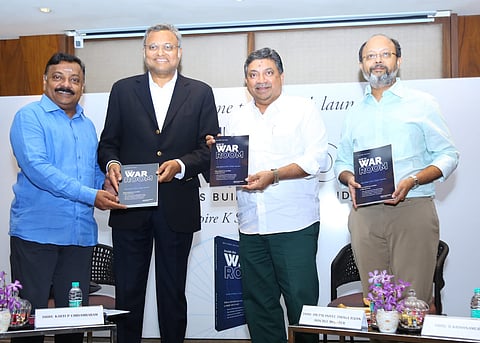 State Minister Palanivel Thiaga Rajan, Karti Chidambaram with author Aspire Swaminathan during book launch on Thursday