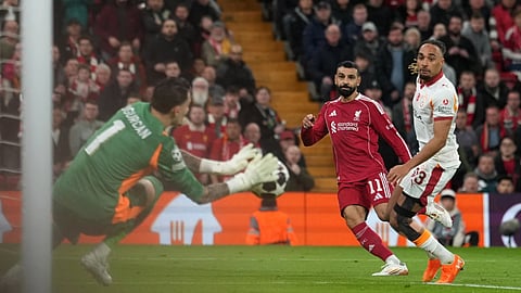 1 of 5 Liverpool's Mohamed Salah, center, during the second leg of the Champions League round of 16 soccer match between Liverpool and Galatasaray, in Liverpool