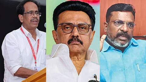 (L-R) M Veerapandian, MK Stalin, Thol Thirumavalavan