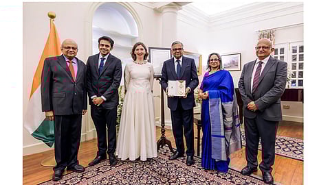 Chairman of the Tata Group Natarajan Chandrasekaran, third right, with British High Commissioner to India Lindy Cameron, third left, and others, poses after receiving the insignia of Knight Commander of the Most Excellent Order of the British Empire (KBE), in New Delhi