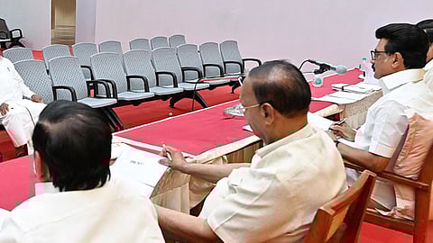 Chief Minister MK Stalin conducting a party ticket interview with senior minister EV Velu at Anna Arivalayam on Friday (March 20)