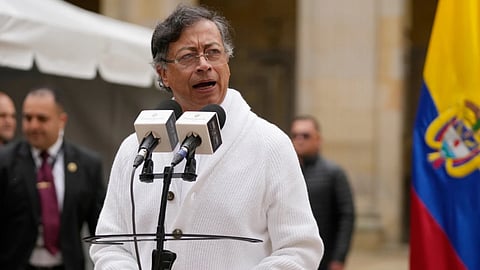 Colombia's President Gustavo Petro speaks after voting during legislative elections in Bogota, Colombia