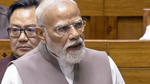 Prime Minister Narendra Modi speaks in the Lok Sabha during the second part of the Budget Session of Parliament, in New Delhi