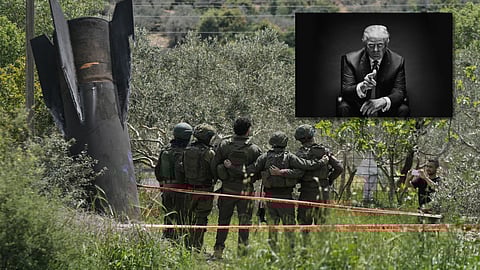 Israeli soldiers take their photo beside the wreckage of an Iranian missile that landed in the West Bank village of Kifl Haris Tuesday, March 24, 2026 (insert) President Donald Trump