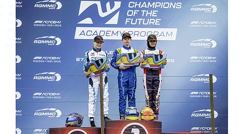 Valencia: Indian racer Atiqa Mir, right, poses on the podium after finishing third in the final of Round 1 of the Champions of the Future Academy karting series at the Lucas Guerrero Circuit, in Valencia, Spain