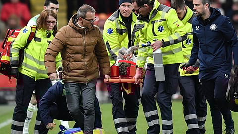 Medics carry Ireland's Sammie Szmodics during a World Cup playoff semifinal soccer match between the Czech Republic and Ireland in Prague, Czech Republic,
Thursday, March 26, 2026.
