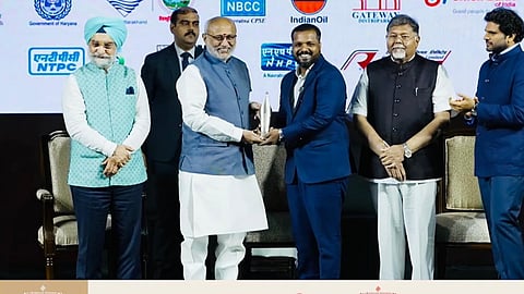 Srikkanth Dhasarathy receiving the award from Vice President CP Radhakrishnan in New Delhi on Friday
