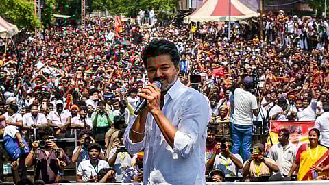 Tamilaga Vettri Kazhagam (TVK) chief and actor Vijay campaigns after filing his nomination papers for the Tamil Nadu Assembly elections from the Perambur constituency, in Chennai