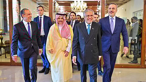 Pakistan Ministry of Foreign Affairs, from left, Egyptian Foreign Minister Badr Abdelatty, Saudi Arabia’s Foreign Minister Prince Faisal bin Farhan Al-Saud, Pakistan’s Foreign Minister Ishaq Dar and Turkish Foreign Minister Hakan Fidan walk prior to their meeting to discuss the Middle East war, in Islamabad, Pakistan.