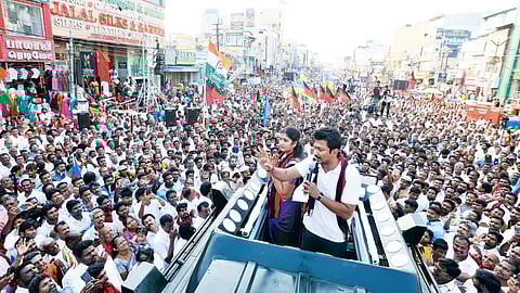 Deputy Chief Minister and DMK leader Udhayanidhi Stalin
during his campaign launch at Kacheepuram on Monday