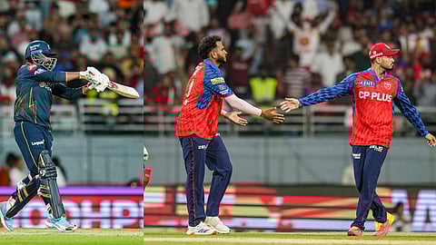 Gujarat Titans' Rahul Tewatia plays a shot and Punjab Kings' Vijaykumar Vyshak, front left, celebrates with teammates after taking the wicket of Gujarat Titans' Washington Sundar