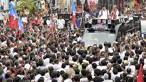 Deputy CM Udhayanidhi Stalin addressing a campaign rally in Dharmapuri on Tuesday