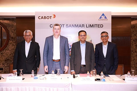 Vijay Sankar (second from left), Chairman, The Sanmar Group; Dr. Krishna Kumar Rangachari (third from left), Director, Cabot Sanmar Limited; Sean D. Keohane (fourth from left), President and CEO, Cabot Corporation, USA; and Stephen Knight, Facility General Manager, Performance Additives – FMO, Cabot Carbon Limited; at the groundbreaking ceremony at Mettur, Tamil Nadu, on March 31, 2026