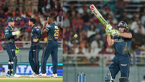 Gujarat Titans' wicketkeeper Jos Buttler, captain Shubman Gill and Kagiso Rabada during an Indian Premier League (IPL) 2026 T20 cricket match between Punjab Kings and Gujarat Titans, in Mullanpur, Tuesday, March 31, 2026.
