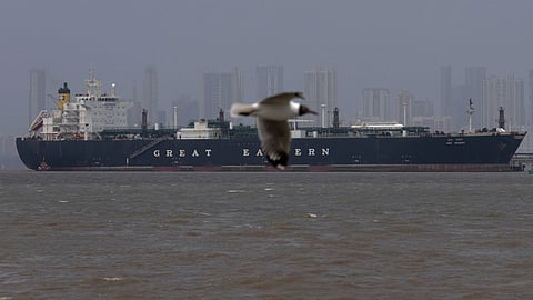 The Indian flagged LPG carrier Jag Vasant transporting liquefied petroleum gas, is seen at the Mumbai Port in Mumbai, India, after it arrived clearing the Strait of Hormuz, Wednesday, April 1, 2026.